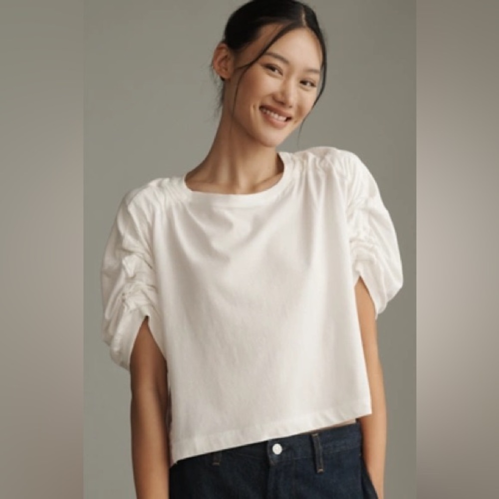 NWT Anthropologie Maeve Size Large Woven & Knit Ruched-Sleeve Twofer Top
